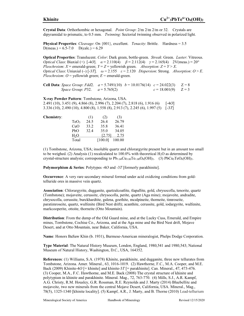 Khinite Cu 3Pbte O6(OH)2