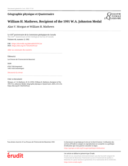 William H. Mathews, Recipient of the 1991 W.A. Johnston Medal Alan V