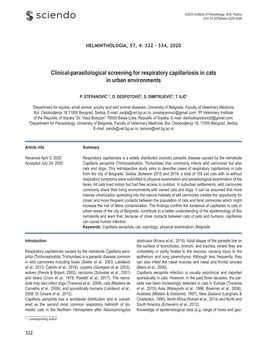 Clinical-Parasitological Screening for Respiratory Capillariosis in Cats in Urban Environments