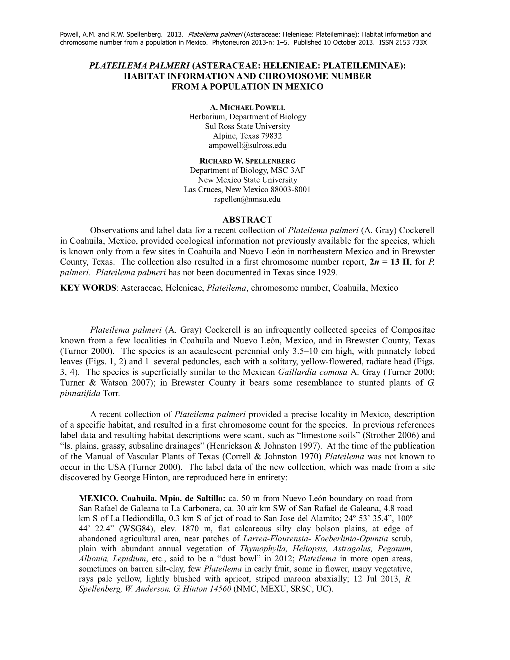 Plateilema Palmeri (Asteraceae: Helenieae: Plateileminae): Habitat Information and Chromosome Number from a Population in Mexico