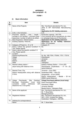 (See Paragraph – 6) FORM 1 (I) Basic Information S. No. Item Details 1 Name of the Project/S M/S. Teck Bond Labo