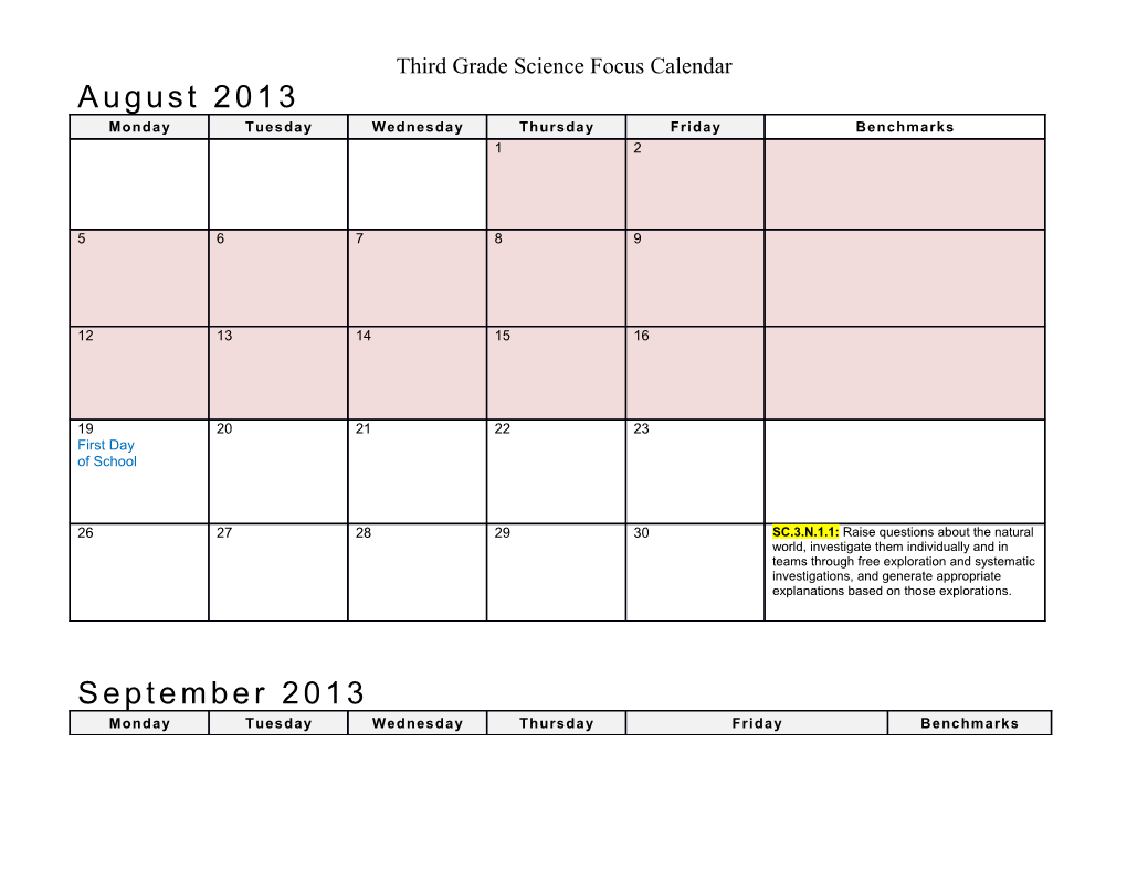 Third Grade Science Focus Calendar