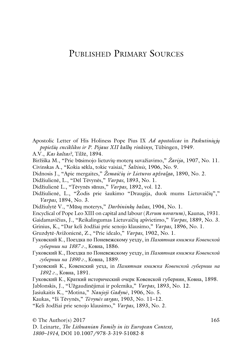 The Lithuanian Family in Its European Context, 1800–1914, DOI 10.1007/978-3-319-51082-8 166 PUBLISHED PRIMARY SOURCES