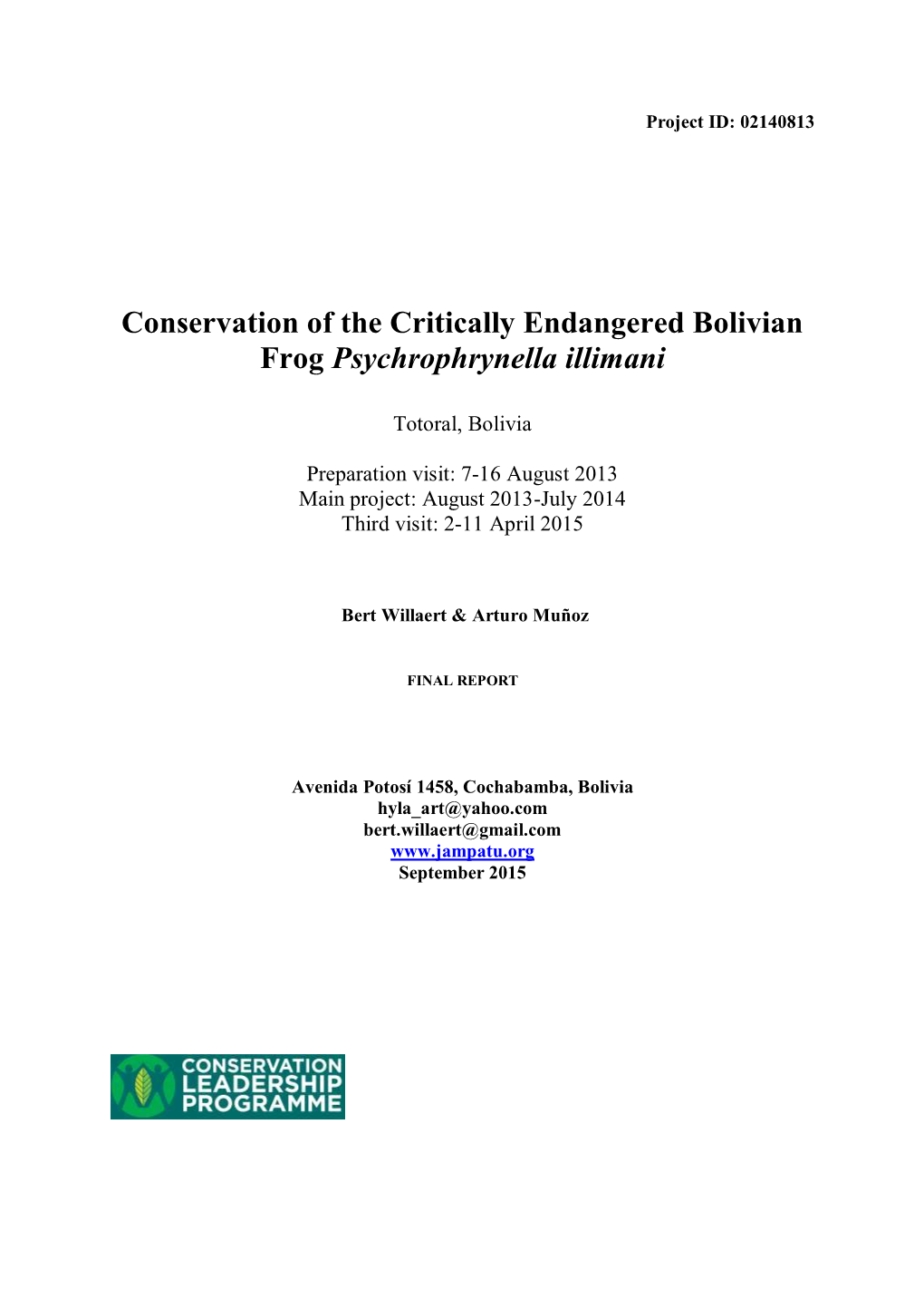 Conservation of the Critically Endangered Bolivian Frog Psychrophrynella Illimani