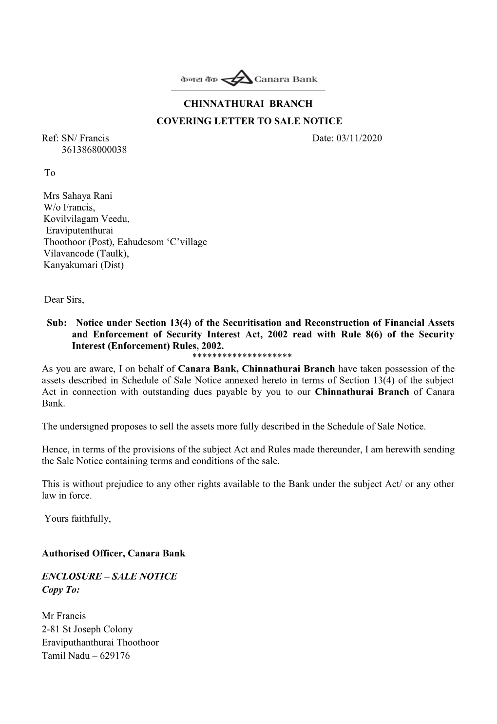 CHINNATHURAI BRANCH COVERING LETTER to SALE NOTICE Ref: SN/ Francis Date: 03/11/2020 3613868000038