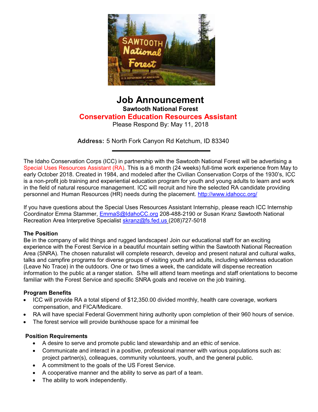 Job Announcement Sawtooth National Forest Conservation Education Resources Assistant Please Respond By: May 11, 2018