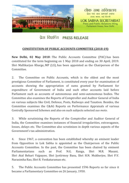 The Public Accounts Committee (PAC) Has Been Constituted for the Term Beginning on 1 May 2018 and Ending on 30 April, 2019
