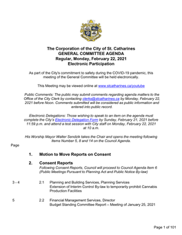 GENERAL COMMITTEE AGENDA Regular, Monday, February 22, 2021 Electronic Participation