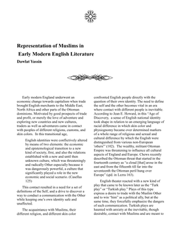 Representation of Muslims in Early Modern English Literature Dawlat Yassin