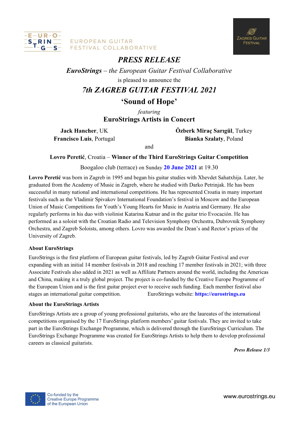 PRESS RELEASE 7Th ZAGREB GUITAR FESTIVAL 2021