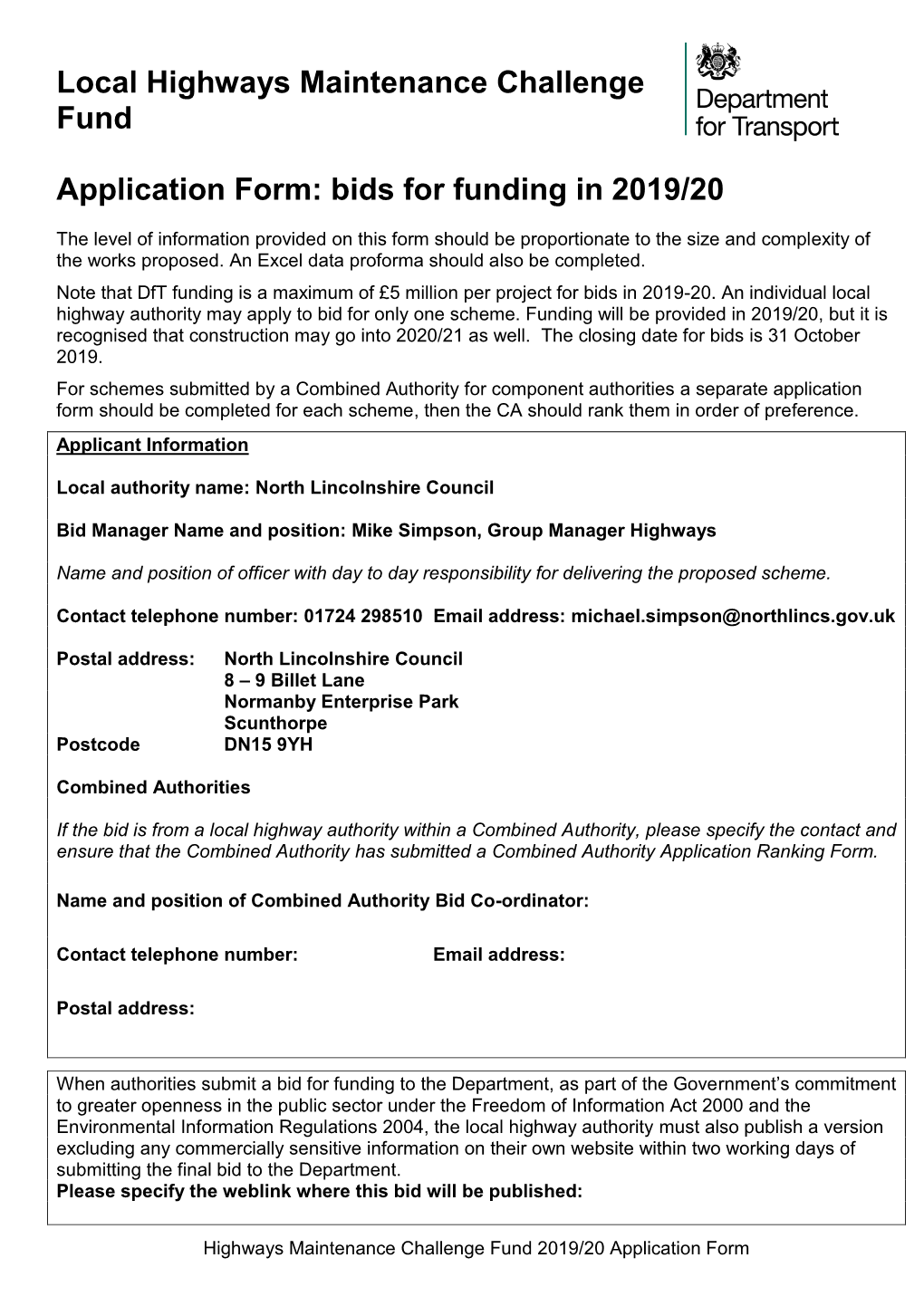 Local Highways Maintenance Challenge Fund Application Form