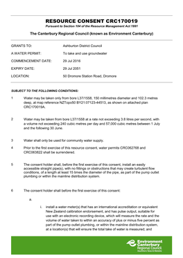 CRC170019 Ashburton District Council Consent Decision Document