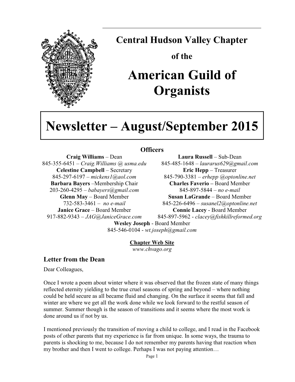 American Guild of Organists Newsletter