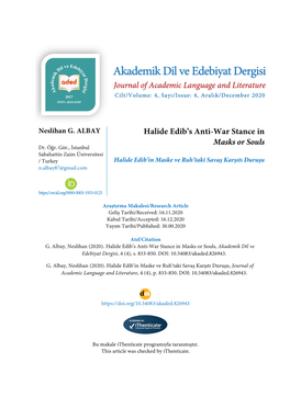 Akademik Dil Ve Edebiyat Dergisi Journal of Academic Language and Literature Cilt/Volume: 4, Sayı/Issue: 4, Aralık/December 2020