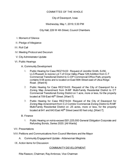 COMMITTEE of the WHOLE City of Davenport, Iowa Wednesday, May