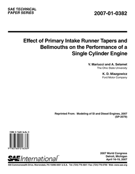 2007-01-0382 Effect of Primary Intake Runner Tapers and Bellmouths on the Performance of a Single Cylinder Engine