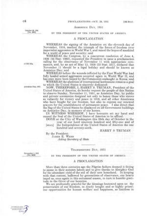 G4 a PROCLAMATION WHEREAS the Signing of the Armistice on the Eleventh Day of November, 1918, Marked the Triumph of the Forces O