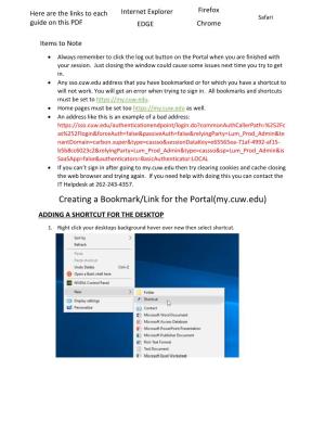 Creating a Bookmark/Link for the Portal(My.Cuw.Edu) ADDING a SHORTCUT for the DESKTOP