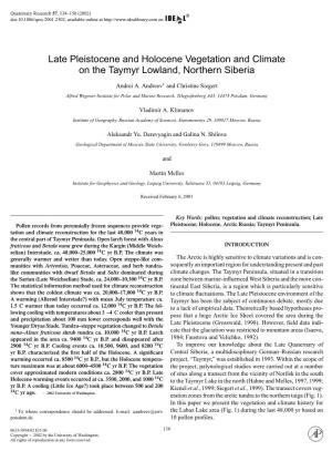 Late Pleistocene and Holocene Vegetation and Climate on the Taymyr Lowland, Northern Siberia