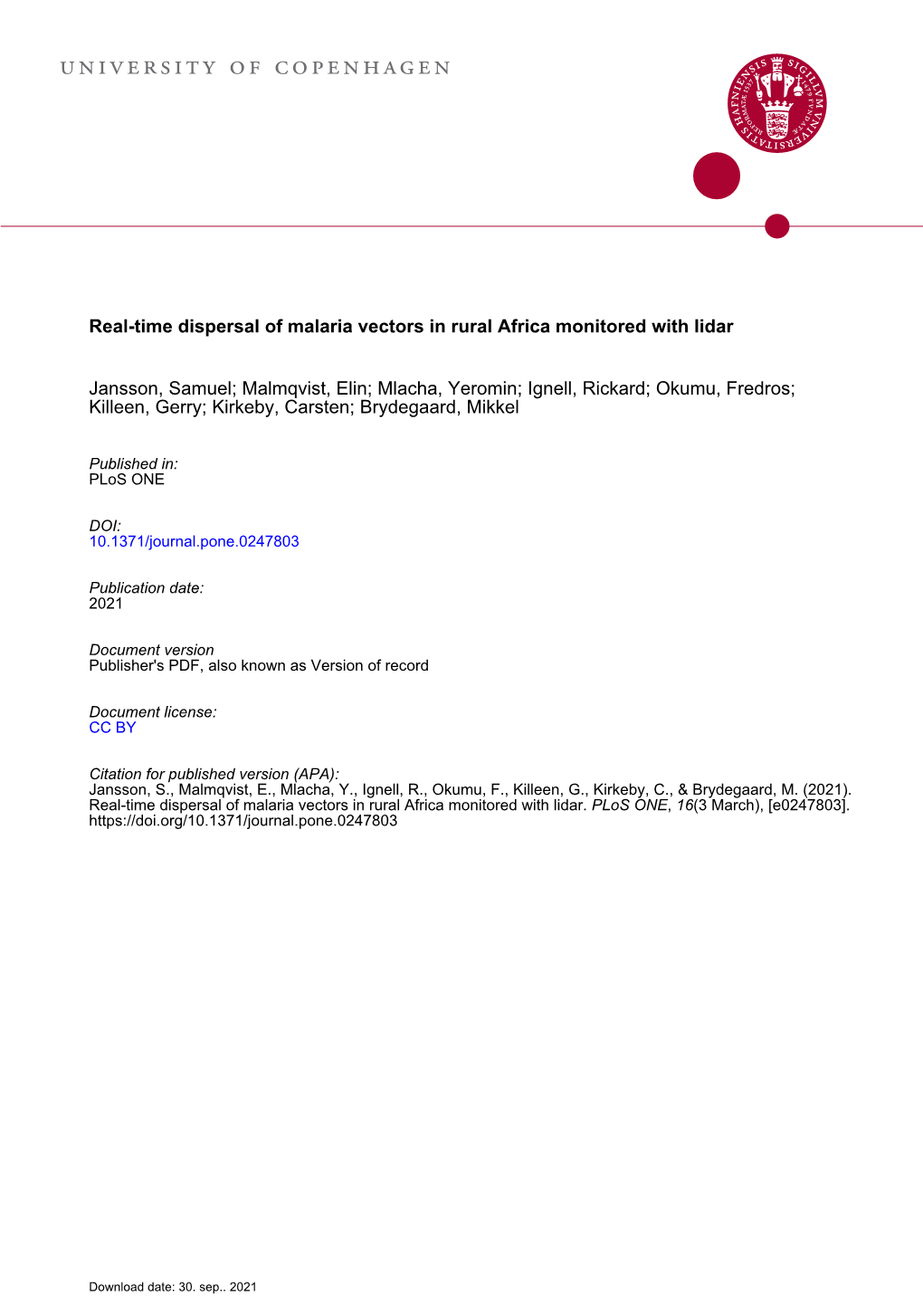 Real-Time Dispersal of Malaria Vectors in Rural Africa Monitored with Lidar