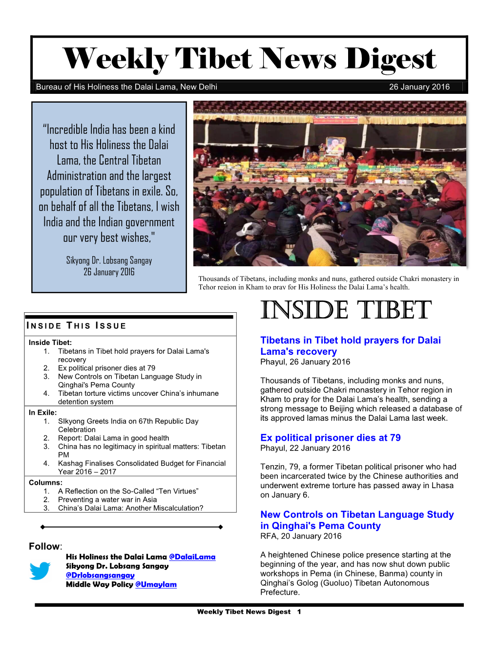 Weekly Tibet News Digest Bureau of His Holiness the Dalai Lama, New Delhi 26 January 2016