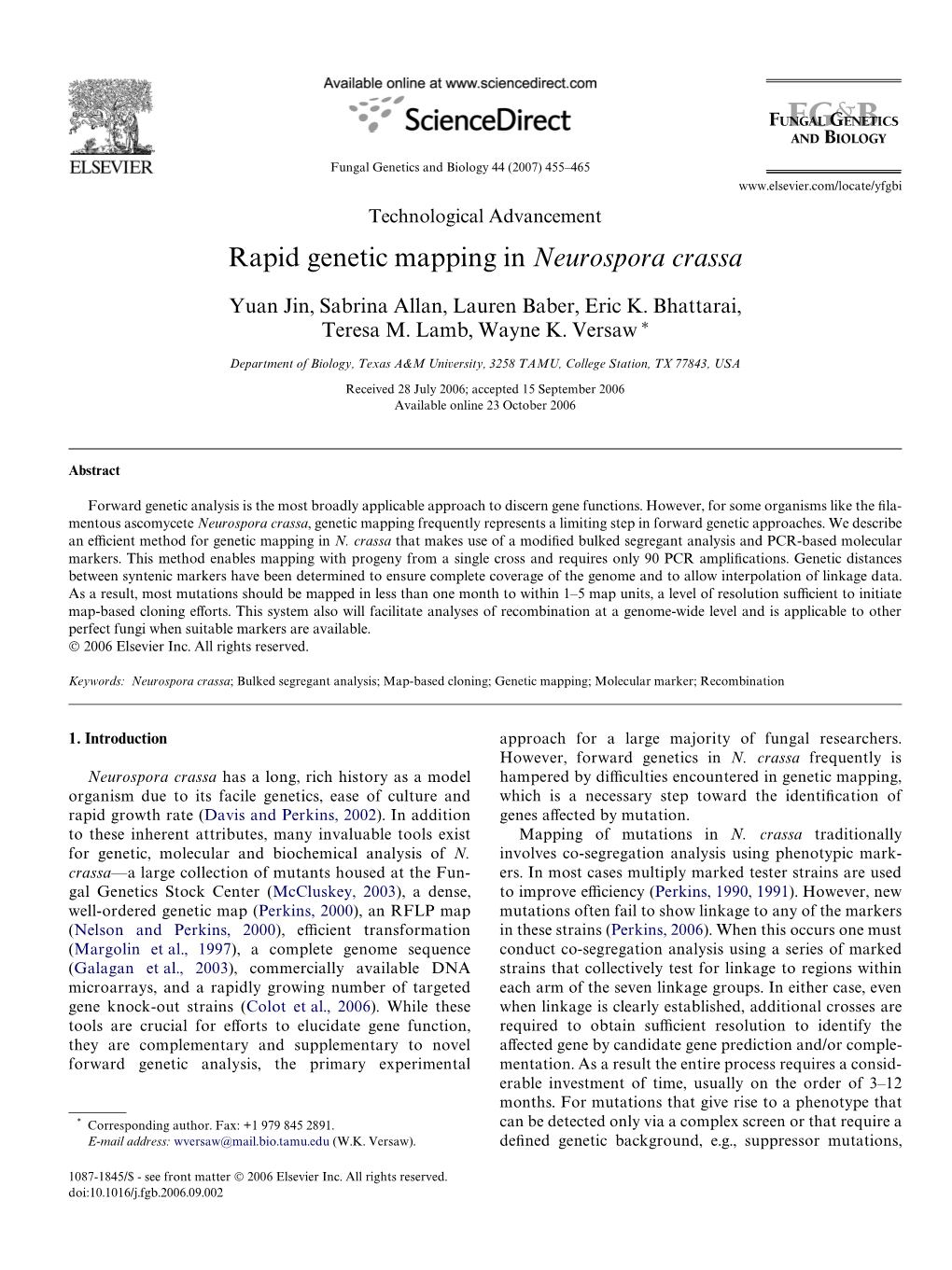 Rapid Genetic Mapping in Neurospora Crassa