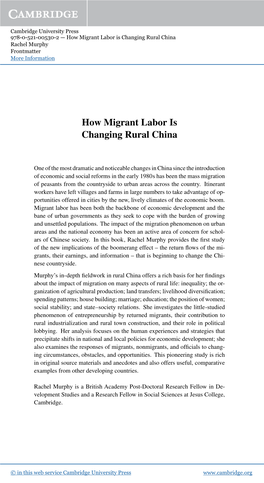 How Migrant Labor Is Changing Rural China Rachel Murphy Frontmatter More Information