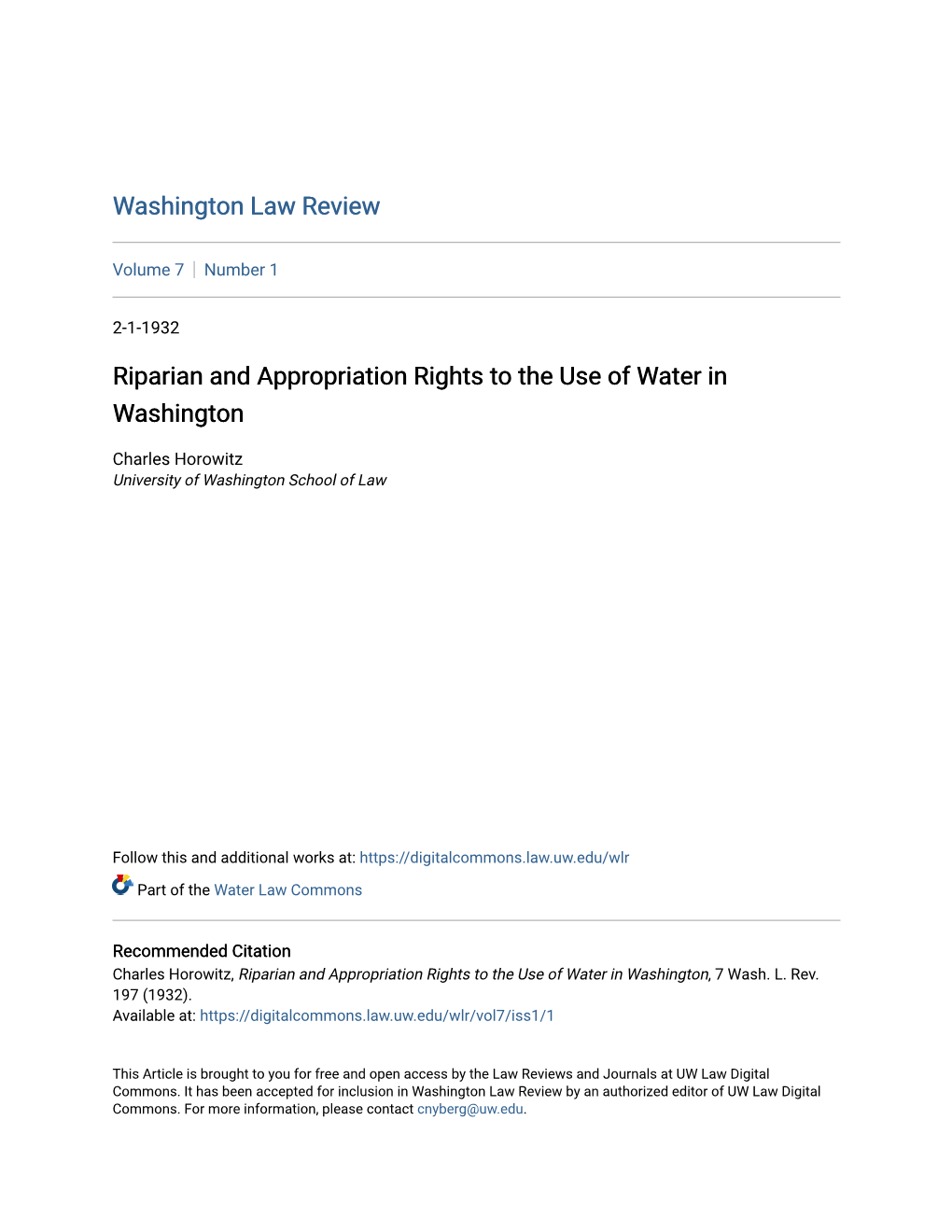 Riparian and Appropriation Rights to the Use of Water in Washington