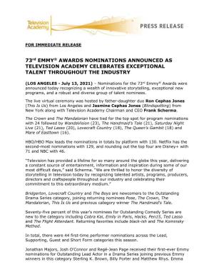 73Rd EMMY® AWARDS NOMINATIONS ANNOUNCED AS TELEVISION ACADEMY CELEBRATES EXCEPTIONAL TALENT THROUGHOUT the INDUSTRY