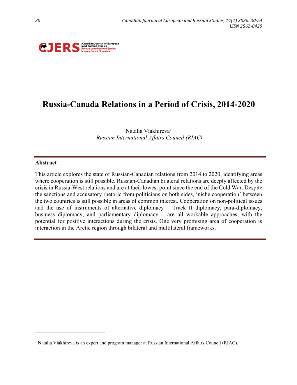 Russia-Canada Relations in a Period of Crisis, 2014-2020