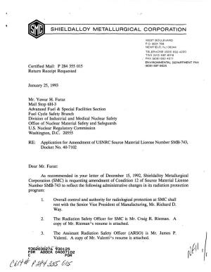 Shieldalloy Metallurgical Corporation, Ltr Dtd 01/25/1993 Re: Application for Amendment of USNRC Source Material License