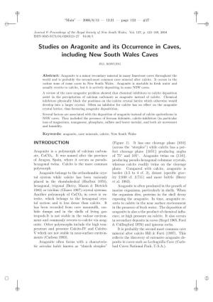 Studies on Aragonite and Its Occurrence in Caves, Including New South Wales Caves