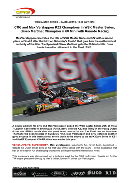 CRG and Max Verstappen KZ2 Champions in WSK Master Series, Eliseo Martinez Champion in 60 Mini with Gamoto Racing