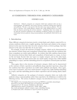 AN EMBEDDING THEOREM for ADHESIVE CATEGORIES 181 Framework for Graph Transformation and Rewriting; See the Volumes [1, 3] for More on This Point of View