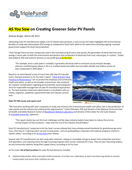 AS You Sow on Creating Greener Solar PV Panels