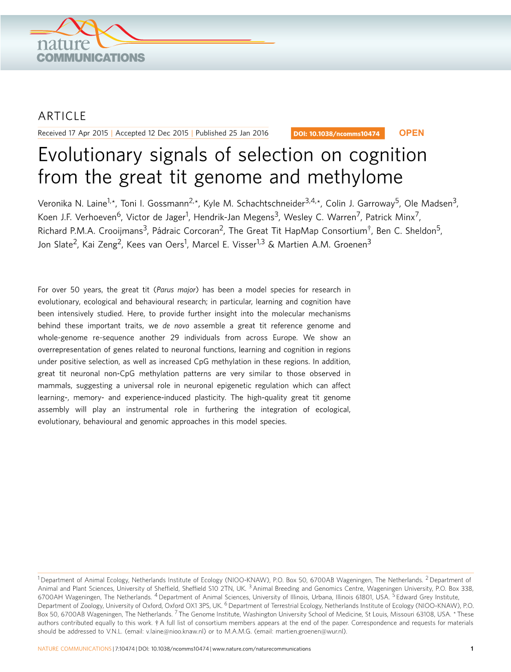 Evolutionary Signals of Selection on Cognition from the Great Tit Genome and Methylome