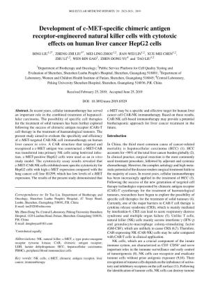 Development of C‑MET‑Specific Chimeric Antigen Receptor‑Engineered Natural Killer Cells with Cytotoxic Effects on Human Liver Cancer Hepg2 Cells