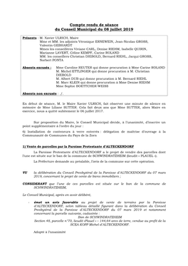 Compte Rendu De Séance Du Conseil Municipal Du 08 Juillet 2019