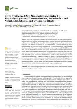 Green Synthesized Zno Nanoparticles Mediated by Streptomyces Plicatus: Characterizations, Antimicrobial and Nematicidal Activities and Cytogenetic Effects