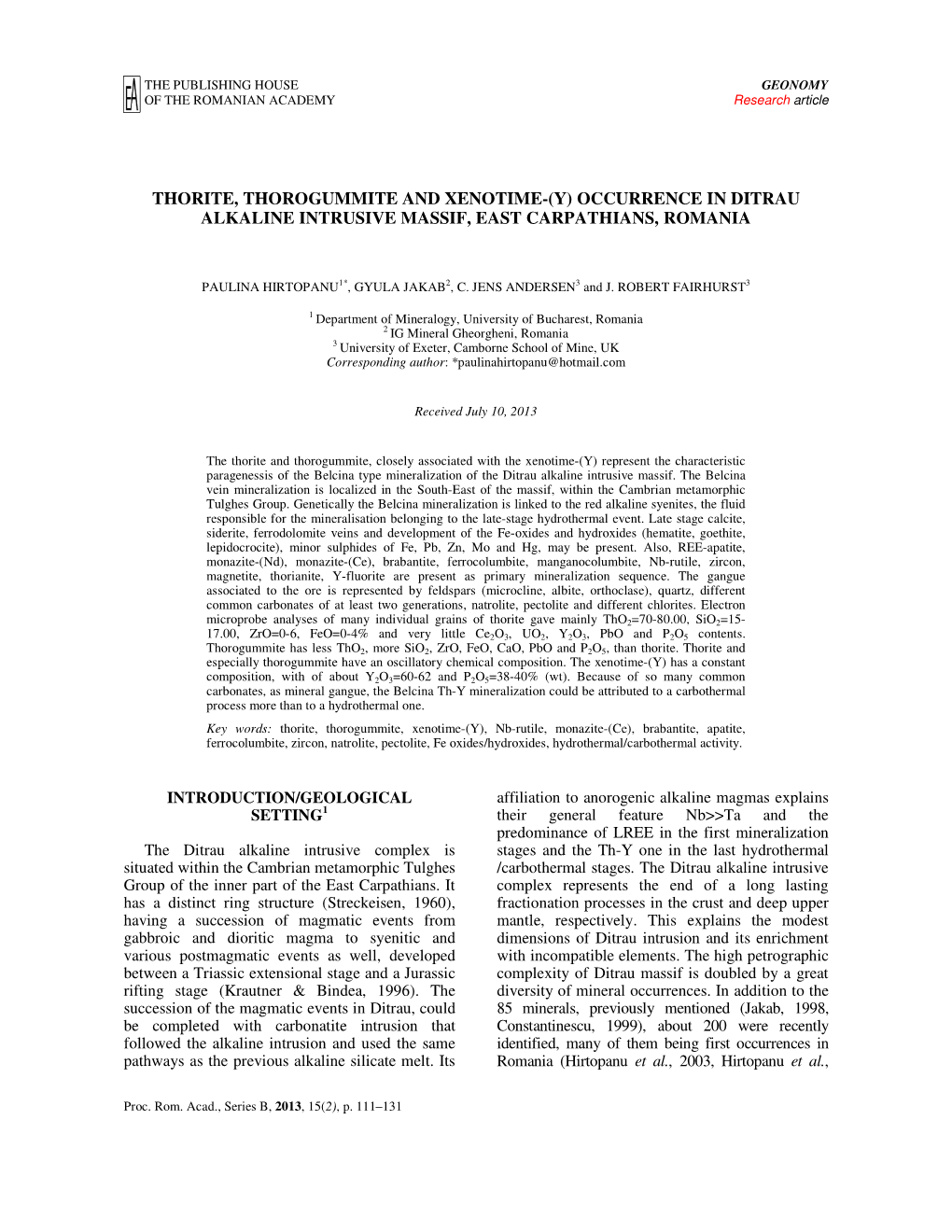 Thorite, Thorogummite and Xenotime-(Y) Occurrence in Ditrau Alkaline Intrusive Massif, East Carpathians, Romania