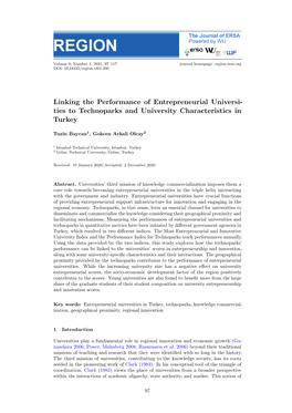 Linking the Performance of Entrepreneurial Universi- Ties to Technoparks and University Characteristics in Turkey