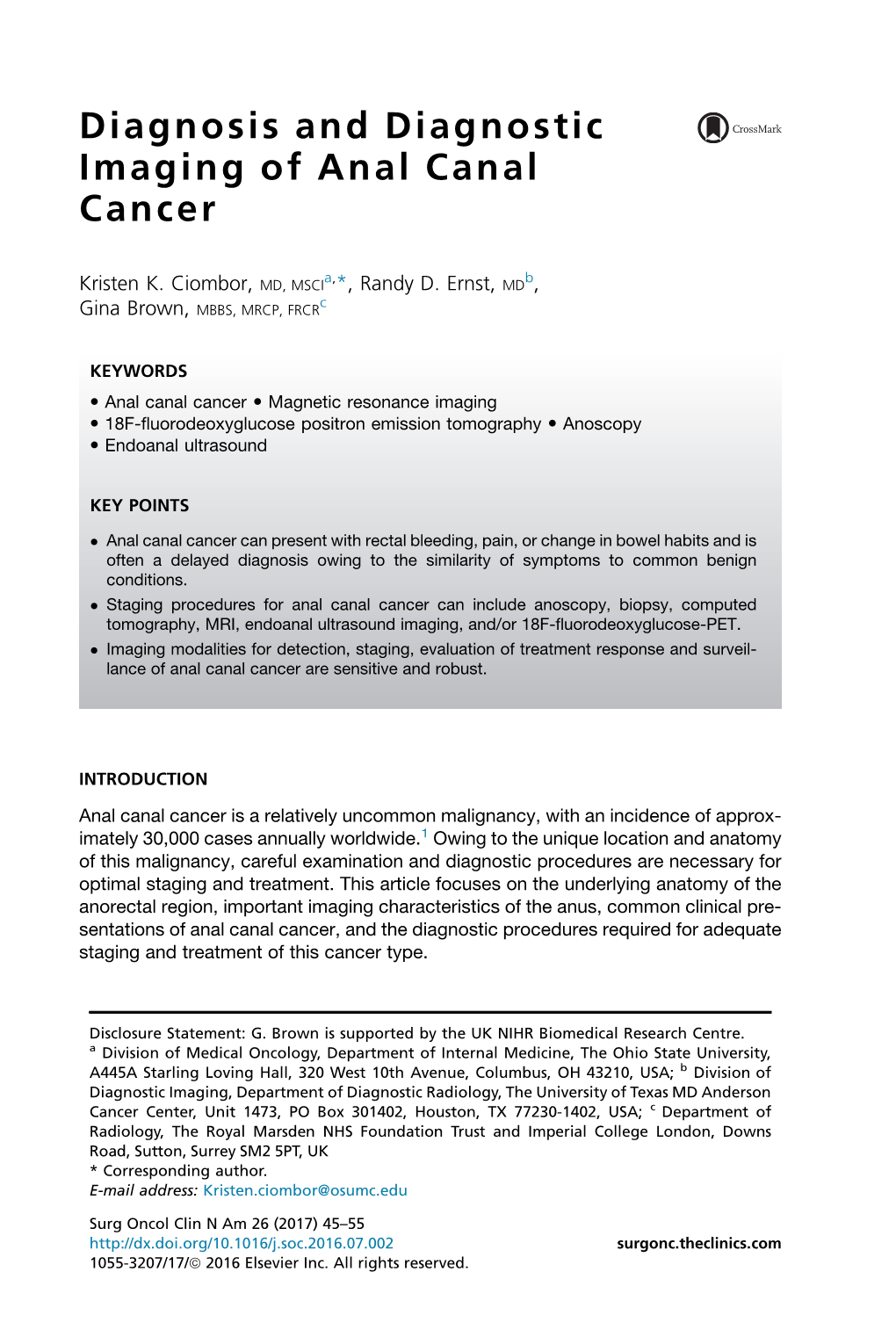 Diagnosis and Diagnostic Imaging of Anal Canal Cancer