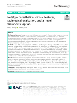 Notalgia Paresthetica: Clinical Features, Radiological Evaluation, and a Novel Therapeutic Option Cevriye Mülkoğlu* and Barış Nacır