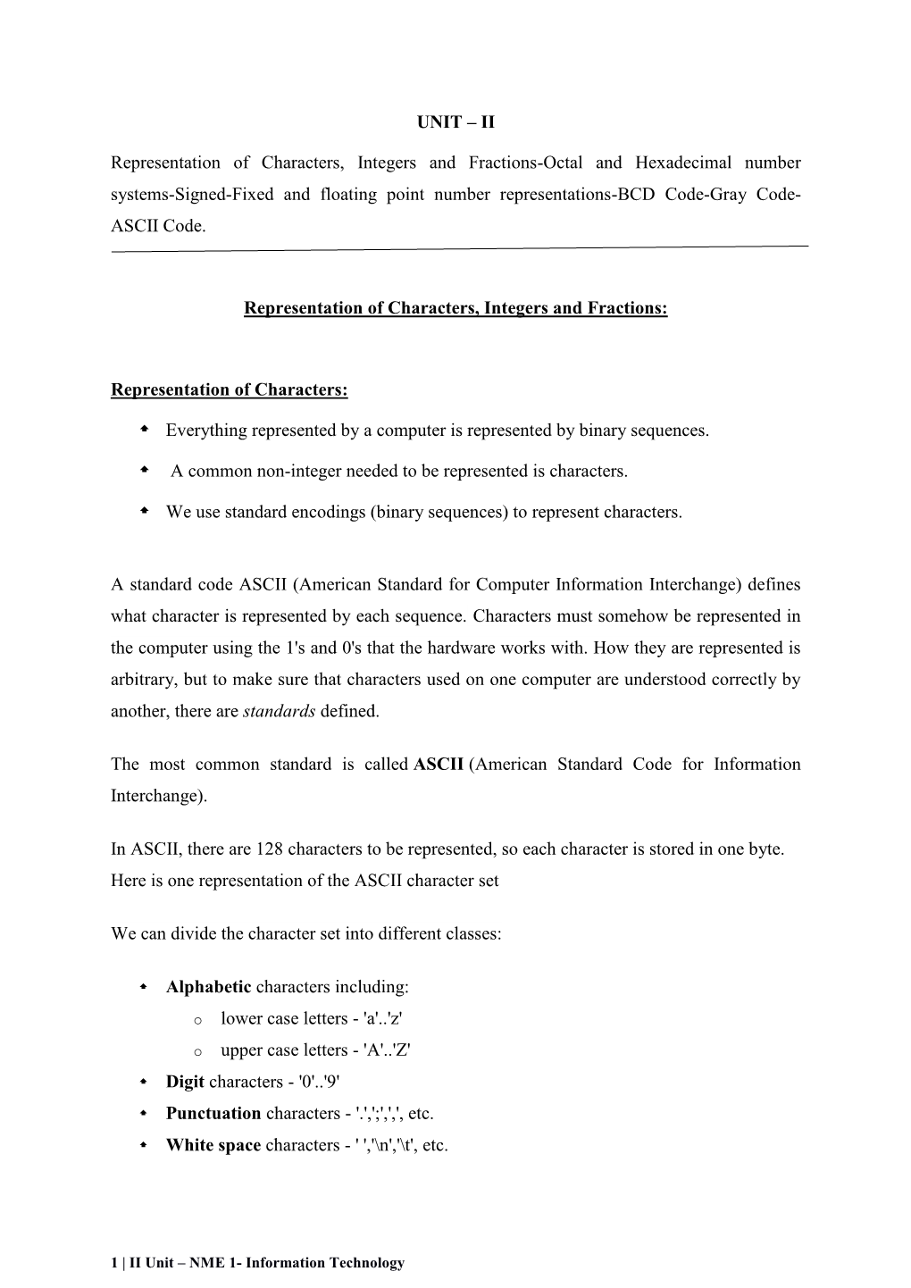 II Representation of Characters, Integers and Fractions-Octal And