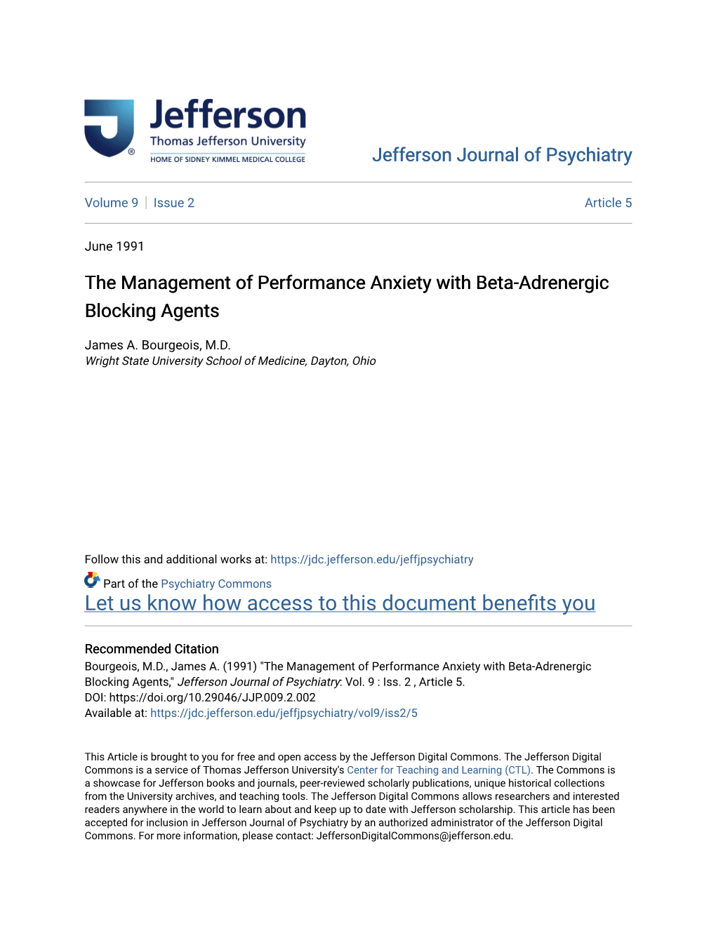 The Management of Performance Anxiety with Beta-Adrenergic Blocking Agents