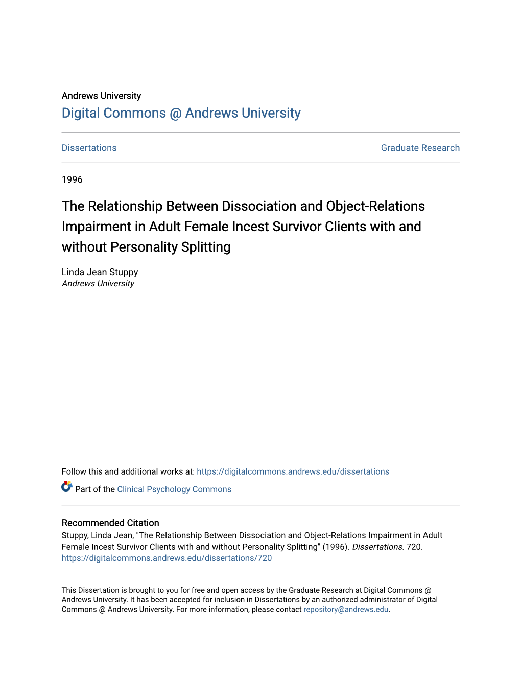 The Relationship Between Dissociation and Object-Relations Impairment in Adult Female Incest Survivor Clients with and Without Personality Splitting