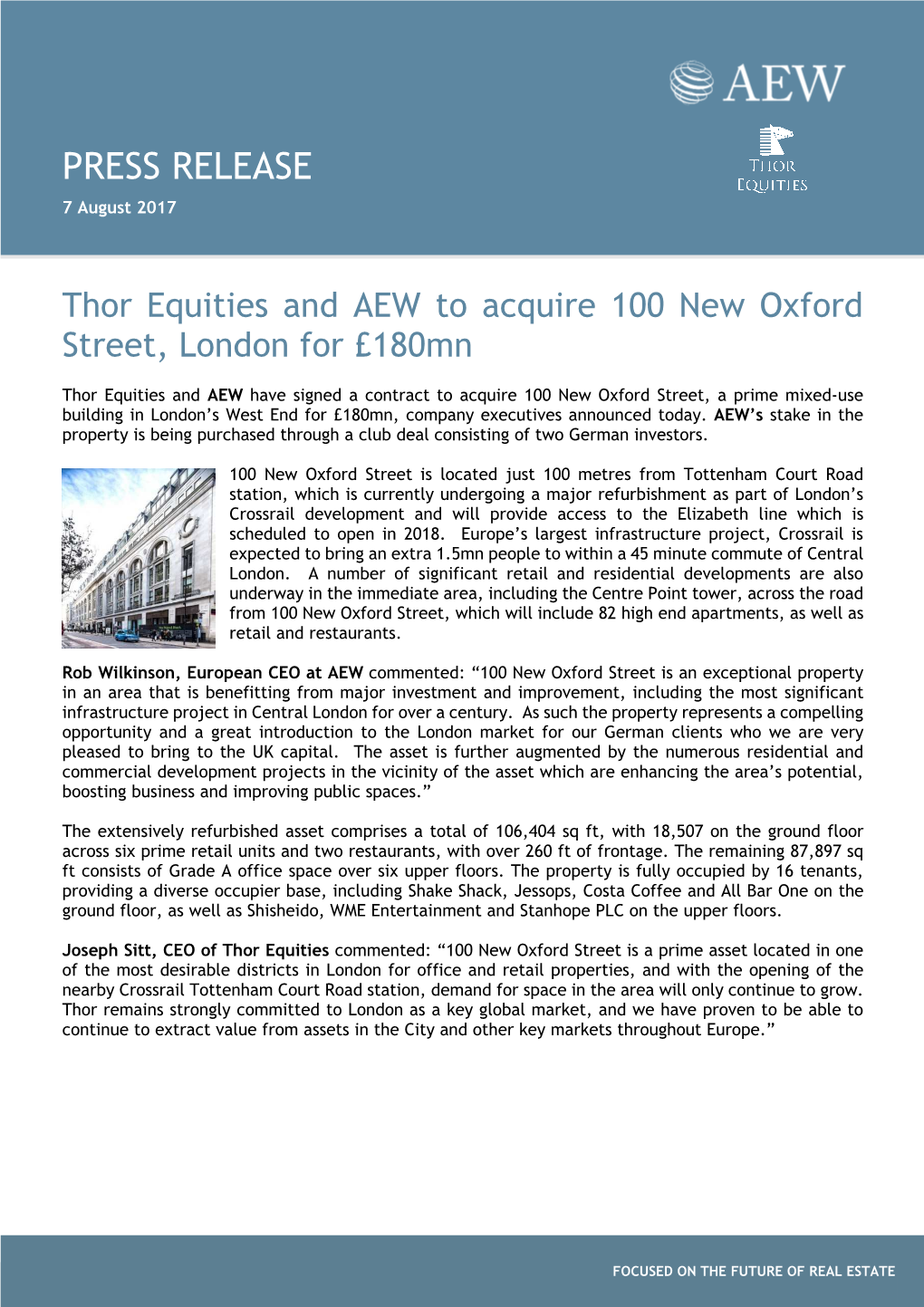 Thor Equities and AEW to Acquire 100 New Oxford Street, London for £180Mn