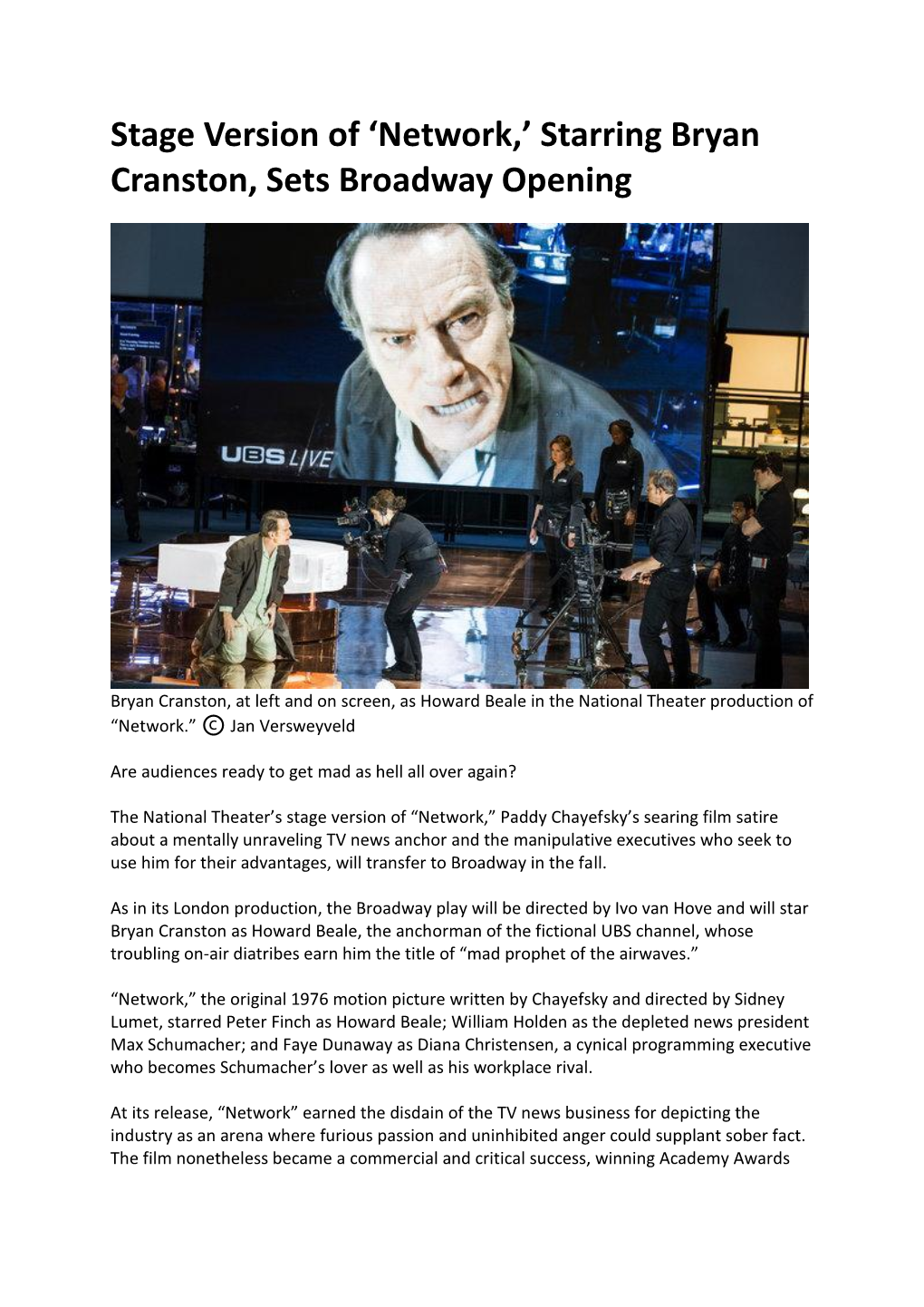 Stage Version of 'Network,' Starring Bryan Cranston, Sets Broadway