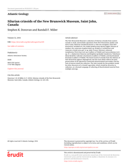Silurian Crinoids of the New Brunswick Museum, Saint John, Canada Stephen K