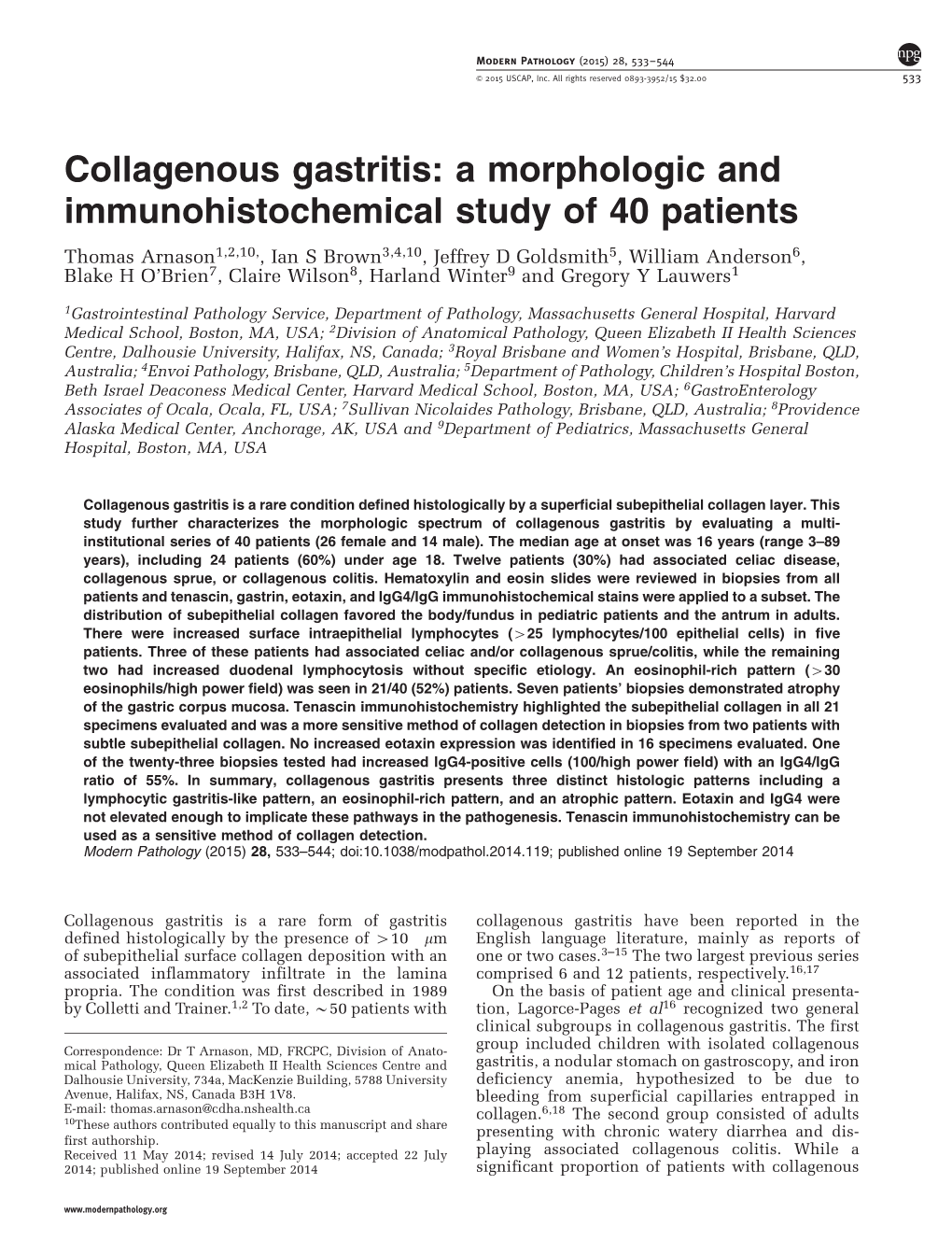 Collagenous Gastritis: a Morphologic and Immunohistochemical Study of 40 Patients